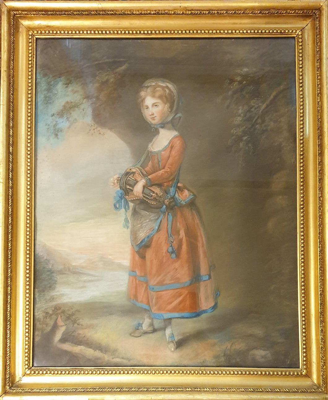 John Russell R.A. 18th.Century Pastel Painting Young Girl Playing A Hurdy-Gurdy