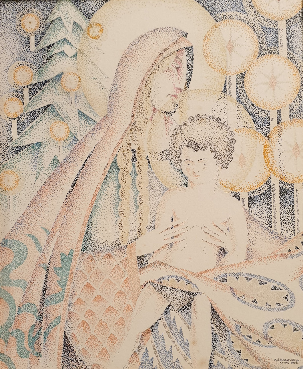 AE Halliwell Pointillist Watercolour Madonna And Child 1928