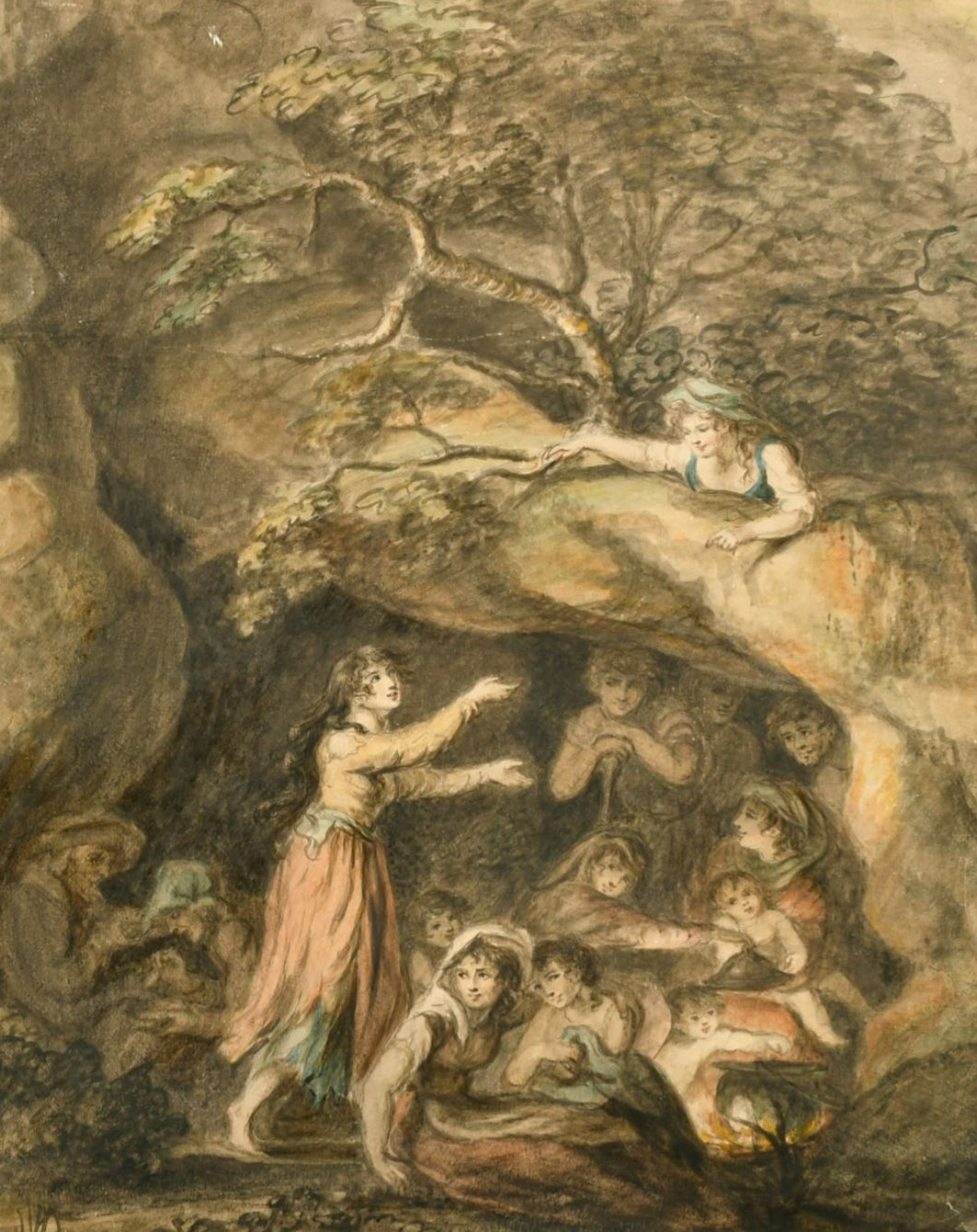 Circle Of Francis Wheatley RA Large Late 18th.Century Watercolour Drawing Travellers In A Cave