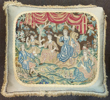 Load image into Gallery viewer, 17th.Century Needlework Mounted As A Cushion An Elegant Couple With Mercury Juno And Minerva Circa.1690

