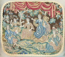 Load image into Gallery viewer, 17th.Century Needlework Mounted As A Cushion An Elegant Couple With Mercury Juno And Minerva Circa.1690
