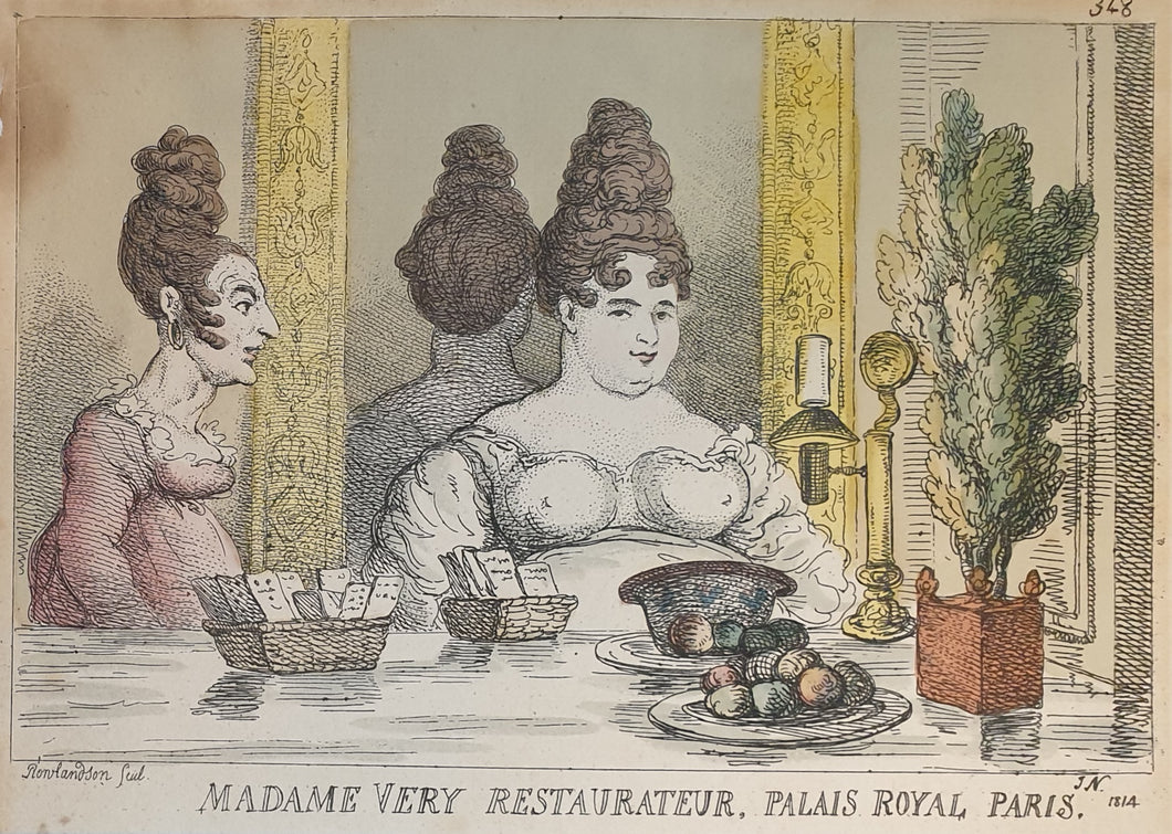 Thomas Rowlandson Hand Coloured Etching After J Nixon Madame Very Restaurateur Palais Royal Paris 1814