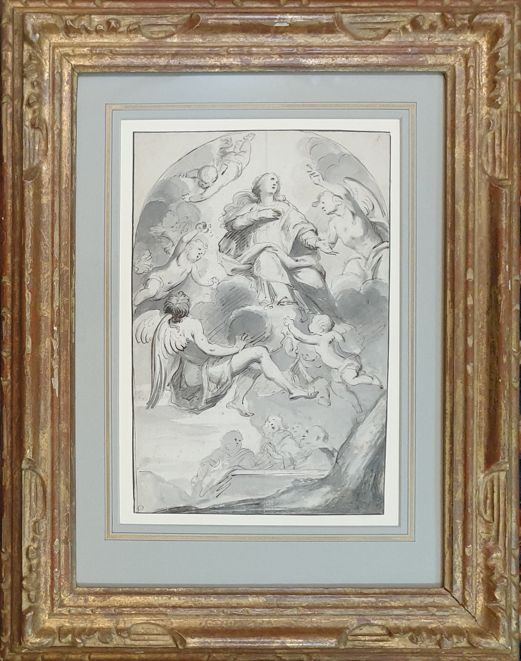 South German School Assumption Of The Virgin 17th.Century Grey Wash Drawing