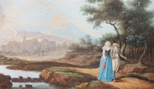Load image into Gallery viewer, German School 18th.Century Gouache Watercolour Landscape With Elegant Couple Strolling On The Outskirts Of A Village

