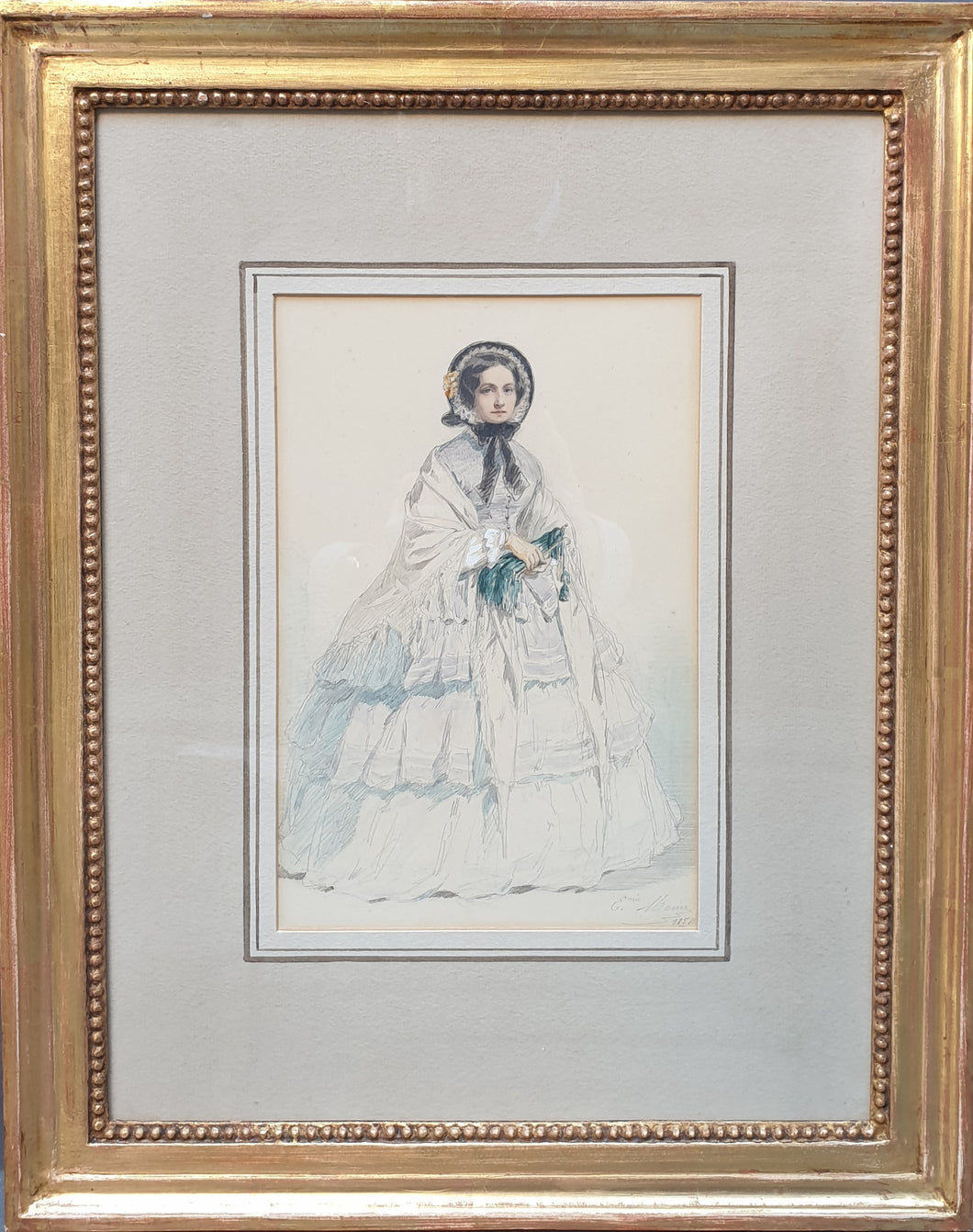 Edmond Eugénie Morin Pencil And Watercolour Drawing Lady Wearing A Bonnet 1858